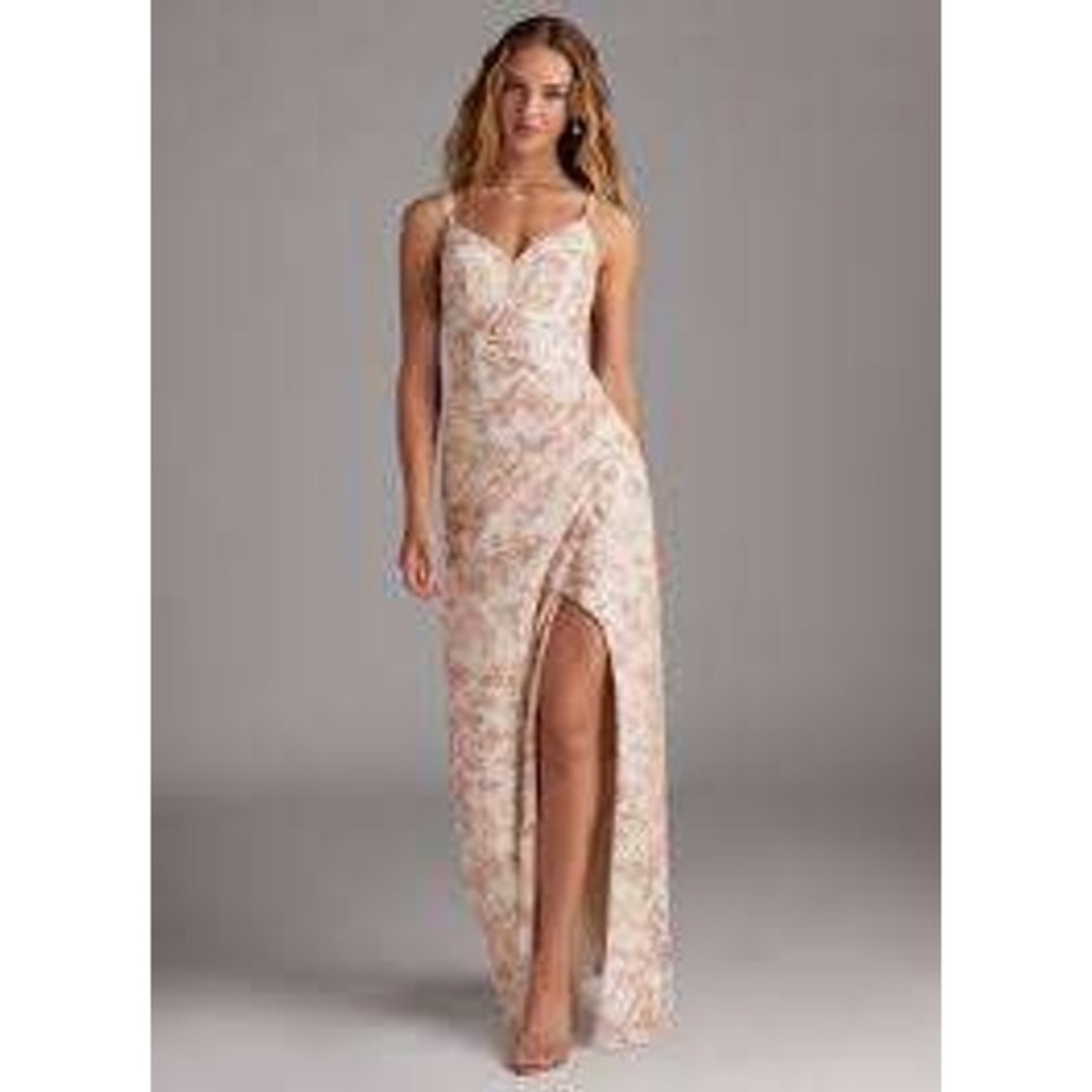 335 Azazie Floral Maxi Dress Rose Gold Cream V-Neck Formal Gown (Medium, EUC)